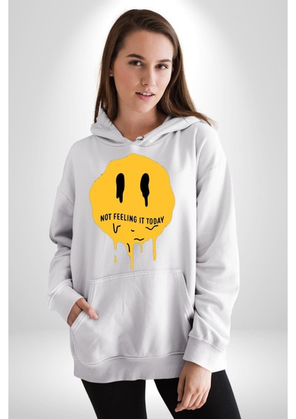 Eriyen Emoji Bugün Hissetmiyorum Erkek Kadın Beyaz Dijital Baskılı Kapüşonlu Sweatshirt Hoodie fırsatları