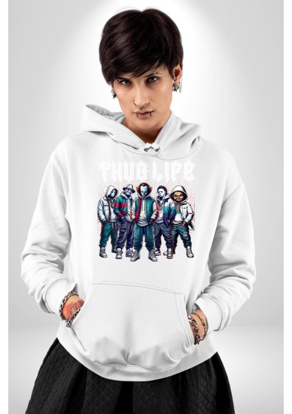 Korku Sineması Korku Kahramanları Haydut Hayatı Erkek Kadın Beyaz Dijital Baskılı Kapüşonlu Sweatshirt Hoodie fırsatları