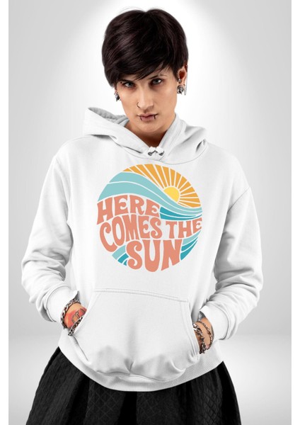 Yaz Tatili Güneş Geldi Tema Erkek Kadın Beyaz Dijital Baskılı Kapüşonlu Sweatshirt Hoodie indirimleri