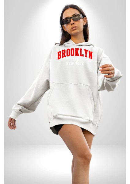 Brooklyn Kırmızı Erkek Kadın Beyaz Dijital Baskılı Kapüşonlu Sweatshirt Hoodie modelleri