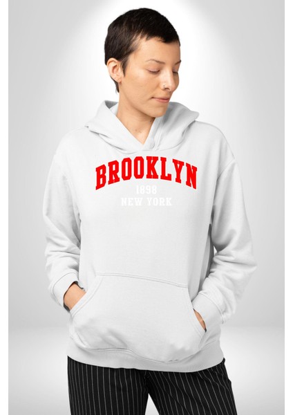 Brooklyn Kırmızı Erkek Kadın Beyaz Dijital Baskılı Kapüşonlu Sweatshirt Hoodie fırsatları
