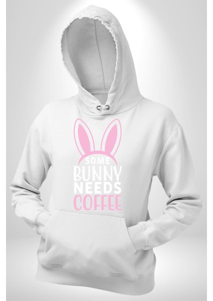 Bazı Pembe Tavşanların Kahveye Ihtiyacı Var Erkek Kadın Beyaz Dijital Baskılı Kapüşonlu Sweatshirt Hoodie