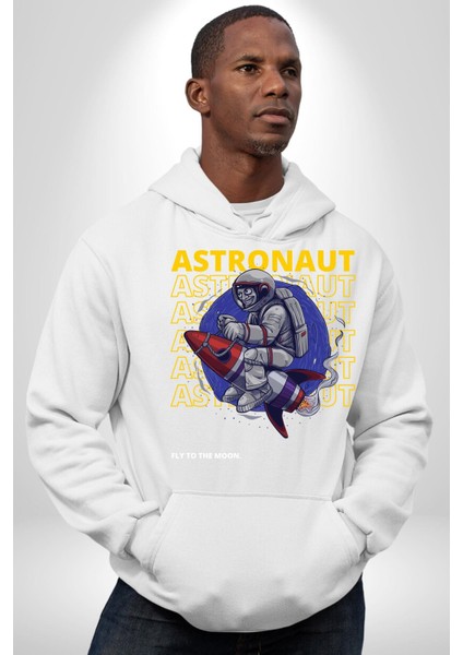 Roket Ata Binen Astronot Erkek Kadın Beyaz Dijital Baskılı Kapüşonlu Sweatshirt Hoodie
