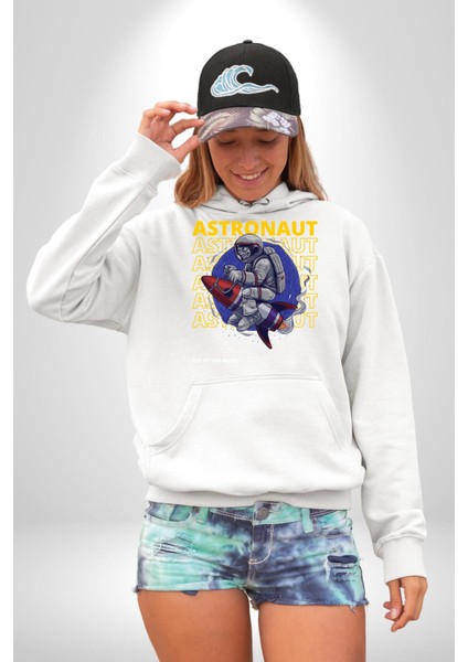 Roket Ata Binen Astronot Erkek Kadın Beyaz Dijital Baskılı Kapüşonlu Sweatshirt Hoodie fiyatları