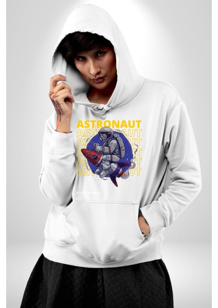 Roket Ata Binen Astronot Erkek Kadın Beyaz Dijital Baskılı Kapüşonlu Sweatshirt Hoodie indirimleri