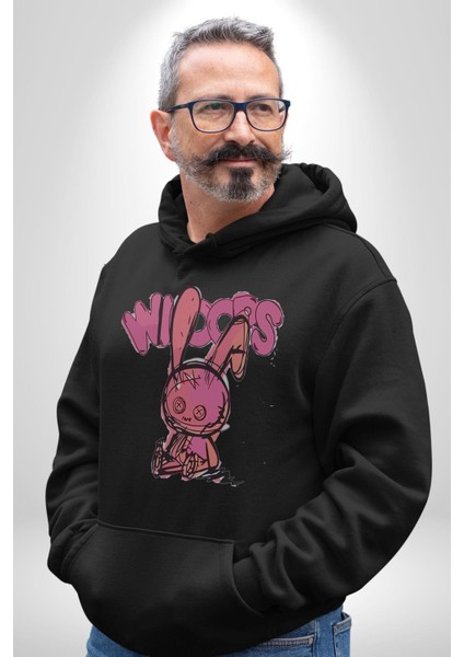 Öfkeli Voodoo Tavşan Xox Erkek Kadın Siyah Dijital Baskılı Kapüşonlu Sweatshirt Hoodie