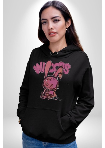Öfkeli Voodoo Tavşan Xox Erkek Kadın Siyah Dijital Baskılı Kapüşonlu Sweatshirt Hoodie fiyatları