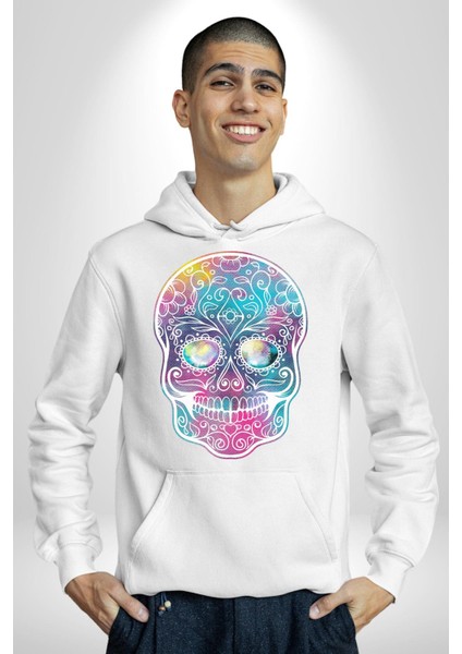 Şeker Kafatası (Day Of The Dead) Erkek Kadın Beyaz Dijital Baskılı Kapüşonlu Sweatshirt Hoodie