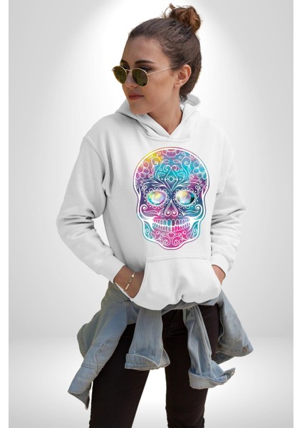 Şeker Kafatası (Day Of The Dead) Erkek Kadın Beyaz Dijital Baskılı Kapüşonlu Sweatshirt Hoodie fiyatları