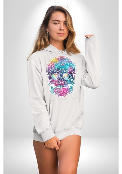 Şeker Kafatası (Day Of The Dead) Erkek Kadın Beyaz Dijital Baskılı Kapüşonlu Sweatshirt Hoodie modelleri