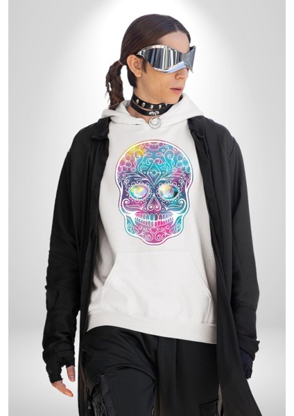 Şeker Kafatası (Day Of The Dead) Erkek Kadın Beyaz Dijital Baskılı Kapüşonlu Sweatshirt Hoodie fırsatları