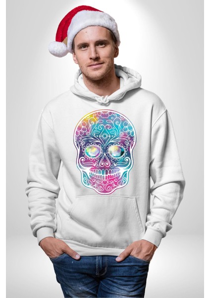 Şeker Kafatası (Day Of The Dead) Erkek Kadın Beyaz Dijital Baskılı Kapüşonlu Sweatshirt Hoodie indirimleri