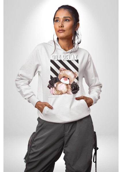 Relax Teddy Ayı Gül Erkek Kadın Beyaz Dijital Baskılı Kapüşonlu Sweatshirt Hoodie fiyatları