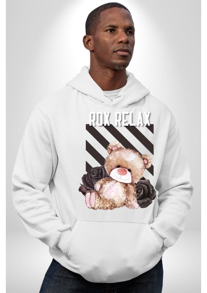 Relax Teddy Ayı Gül Erkek Kadın Beyaz Dijital Baskılı Kapüşonlu Sweatshirt Hoodie modelleri