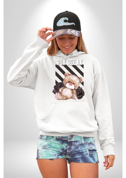 Relax Teddy Ayı Gül Erkek Kadın Beyaz Dijital Baskılı Kapüşonlu Sweatshirt Hoodie fırsatları