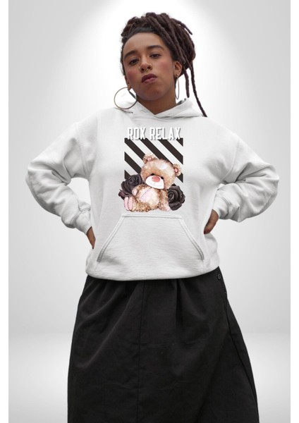 Relax Teddy Ayı Gül Erkek Kadın Beyaz Dijital Baskılı Kapüşonlu Sweatshirt Hoodie indirimleri