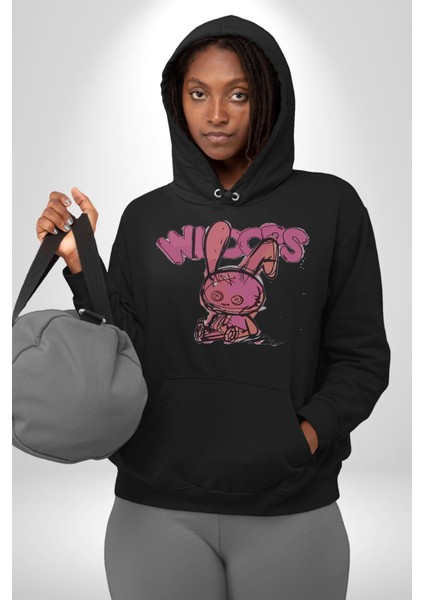 Öfkeli Voodoo Tavşan Xox Erkek Kadın Siyah Dijital Baskılı Kapüşonlu Sweatshirt Hoodie indirimleri