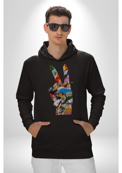 Dünya Barışı Özgürlük Zafer Işareti Erkek Kadın Siyah Dijital Baskılı Kapüşonlu Sweatshirt Hoodie fiyatları