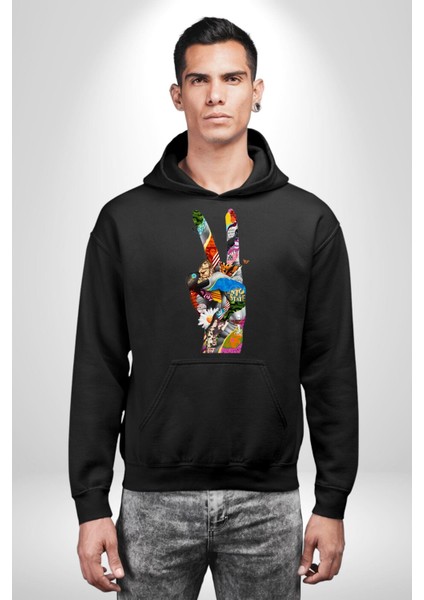 Dünya Barışı Özgürlük Zafer Işareti Erkek Kadın Siyah Dijital Baskılı Kapüşonlu Sweatshirt Hoodie fırsatları
