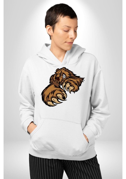 Öfkeli Ayı Pençesi - Güç ve Yırtıcılık Teması Erkek Kadın Beyaz Dijital Baskılı Kapüşonlu Sweatshirt Hoodie