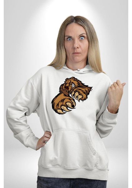 Öfkeli Ayı Pençesi - Güç ve Yırtıcılık Teması Erkek Kadın Beyaz Dijital Baskılı Kapüşonlu Sweatshirt Hoodie fiyatları