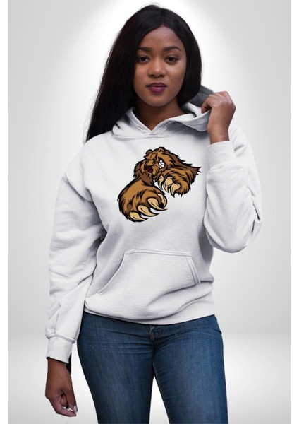 Öfkeli Ayı Pençesi - Güç ve Yırtıcılık Teması Erkek Kadın Beyaz Dijital Baskılı Kapüşonlu Sweatshirt Hoodie modelleri