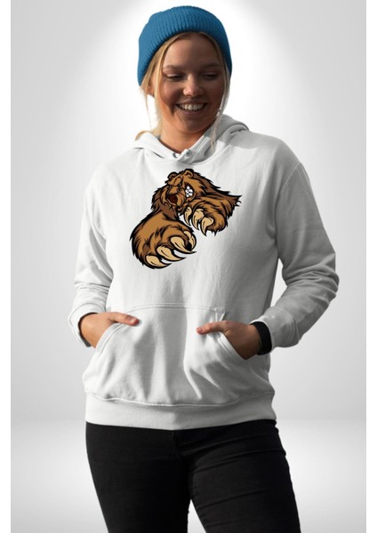 Öfkeli Ayı Pençesi - Güç ve Yırtıcılık Teması Erkek Kadın Beyaz Dijital Baskılı Kapüşonlu Sweatshirt Hoodie fırsatları