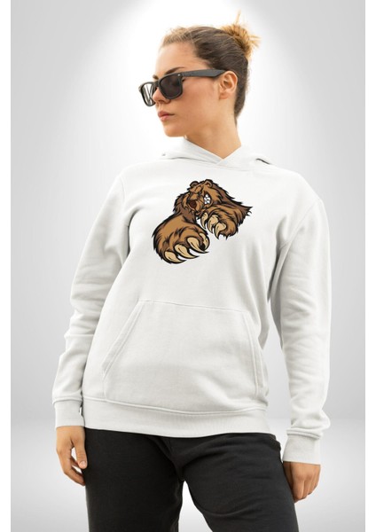 Öfkeli Ayı Pençesi - Güç ve Yırtıcılık Teması Erkek Kadın Beyaz Dijital Baskılı Kapüşonlu Sweatshirt Hoodie indirimleri