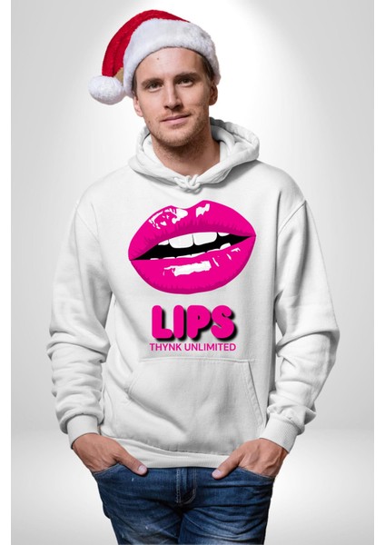 Lips Ruj Pembe Dudak Sınırsız Düşün Erkek Kadın Beyaz Dijital Baskılı Kapüşonlu Sweatshirt Hoodie