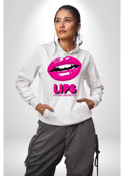 Lips Ruj Pembe Dudak Sınırsız Düşün Erkek Kadın Beyaz Dijital Baskılı Kapüşonlu Sweatshirt Hoodie fiyatları