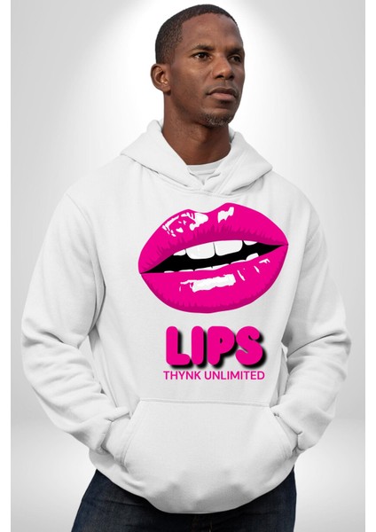 Lips Ruj Pembe Dudak Sınırsız Düşün Erkek Kadın Beyaz Dijital Baskılı Kapüşonlu Sweatshirt Hoodie modelleri