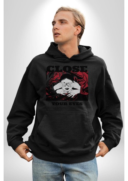 Gözlerim Kapalı Kadın Sokak Stili Erkek Kadın Siyah Dijital Baskılı Kapüşonlu Sweatshirt Hoodie fiyatları