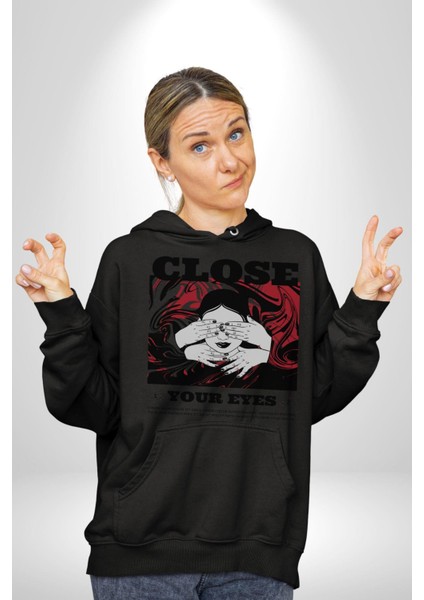 Gözlerim Kapalı Kadın Sokak Stili Erkek Kadın Siyah Dijital Baskılı Kapüşonlu Sweatshirt Hoodie modelleri