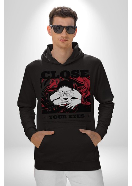 Gözlerim Kapalı Kadın Sokak Stili Erkek Kadın Siyah Dijital Baskılı Kapüşonlu Sweatshirt Hoodie indirimleri