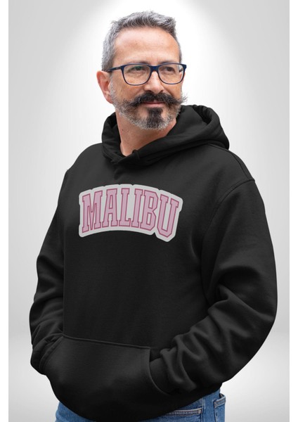 Malibu California Pembe Erkek Kadın Siyah Dijital Baskılı Kapüşonlu Sweatshirt Hoodie fiyatları