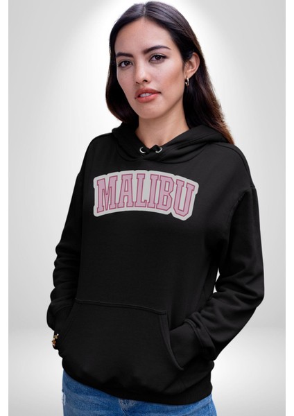 Malibu California Pembe Erkek Kadın Siyah Dijital Baskılı Kapüşonlu Sweatshirt Hoodie modelleri