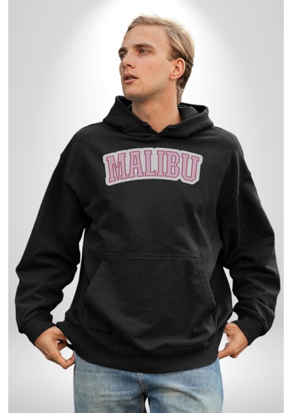 Malibu California Pembe Erkek Kadın Siyah Dijital Baskılı Kapüşonlu Sweatshirt Hoodie fırsatları