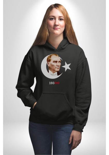 Ay Yıldız Atatürk 10 Kasım Sonsuza Kadar Erkek Kadın Siyah Dijital Baskılı Kapüşonlu Sweatshirt Hoodie
