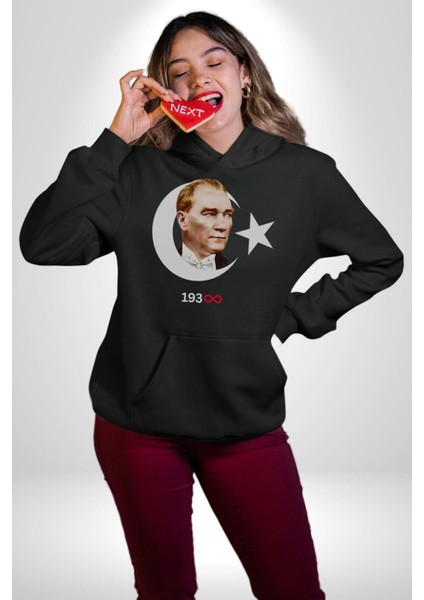 Ay Yıldız Atatürk 10 Kasım Sonsuza Kadar Erkek Kadın Siyah Dijital Baskılı Kapüşonlu Sweatshirt Hoodie fiyatları