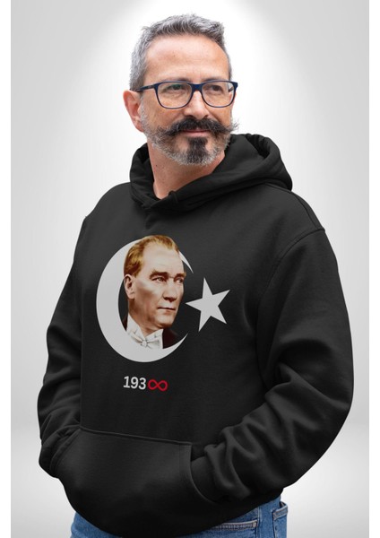 Ay Yıldız Atatürk 10 Kasım Sonsuza Kadar Erkek Kadın Siyah Dijital Baskılı Kapüşonlu Sweatshirt Hoodie modelleri