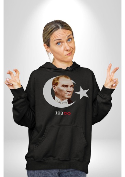 Ay Yıldız Atatürk 10 Kasım Sonsuza Kadar Erkek Kadın Siyah Dijital Baskılı Kapüşonlu Sweatshirt Hoodie indirimleri