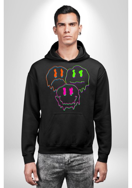 Neon Kafatası Gülen Somurtgan Eriyen Emoji Erkek Kadın Siyah Dijital Baskılı Kapüşonlu Sweatshirt Hoodie fırsatları