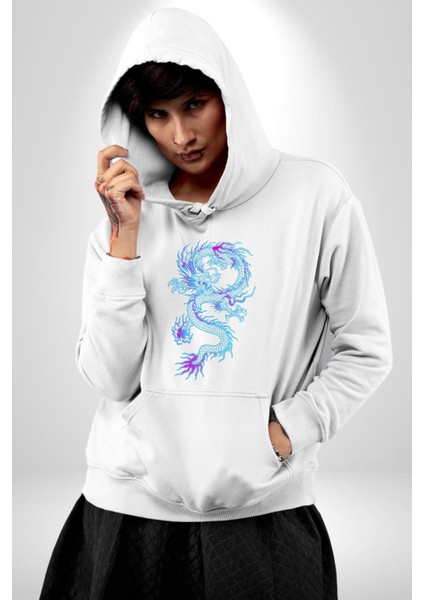 Çin Sitili Ejderha Bereket Tanrısı Erkek Kadın Beyaz Dijital Baskılı Kapüşonlu Sweatshirt Hoodie fırsatları