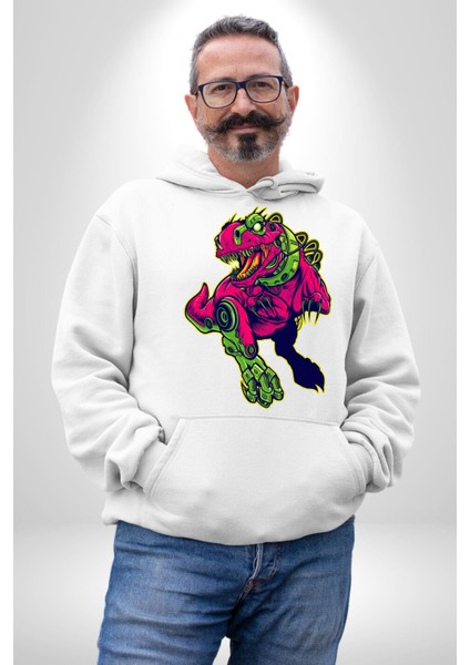 Cyberrex Neon ve Futuristik Dinozor Grafik Erkek Kadın Beyaz Dijital Baskılı Kapüşonlu Sweatshirt Hoodie