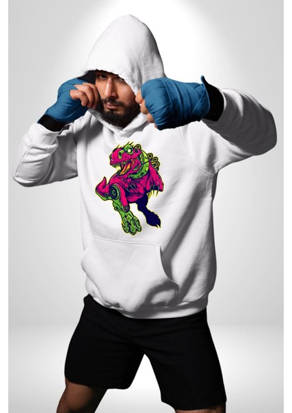 Cyberrex Neon ve Futuristik Dinozor Grafik Erkek Kadın Beyaz Dijital Baskılı Kapüşonlu Sweatshirt Hoodie