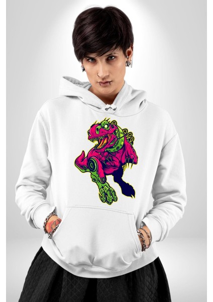 Cyberrex Neon ve Futuristik Dinozor Grafik Erkek Kadın Beyaz Dijital Baskılı Kapüşonlu Sweatshirt Hoodie