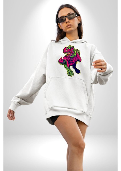 Cyberrex Neon ve Futuristik Dinozor Grafik Erkek Kadın Beyaz Dijital Baskılı Kapüşonlu Sweatshirt Hoodie