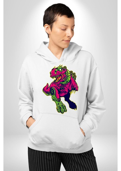 Cyberrex Neon ve Futuristik Dinozor Grafik Erkek Kadın Beyaz Dijital Baskılı Kapüşonlu Sweatshirt Hoodie