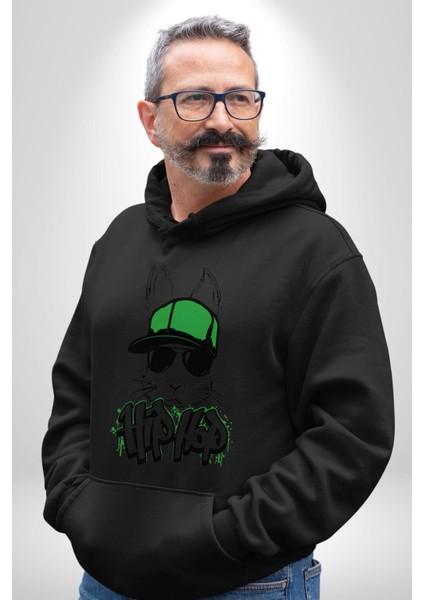 Paskalya Tavşanı Hip Hop Yeşil Şapka Erkek Kadın Siyah Dijital Baskılı Kapüşonlu Sweatshirt Hoodie fiyatları