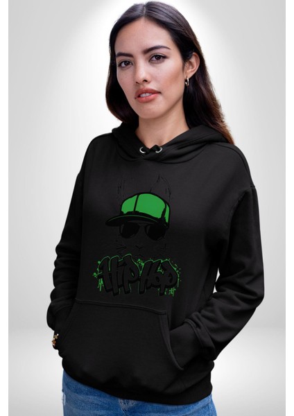 Paskalya Tavşanı Hip Hop Yeşil Şapka Erkek Kadın Siyah Dijital Baskılı Kapüşonlu Sweatshirt Hoodie modelleri